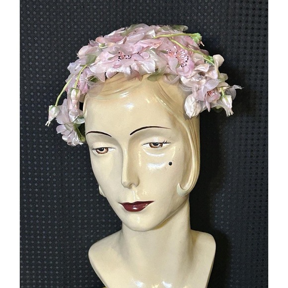 Vintage Hat/Cap/Half Hat, Fascinator, Millinery Flowers, Pink Straw - 1950s main image 5